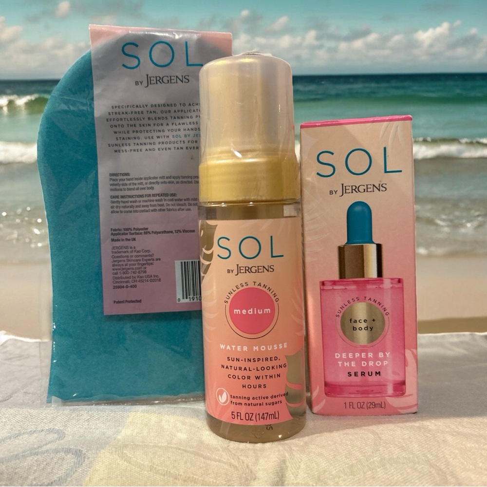 SUNLESS TANNING SET MEDIUM MOUSSE, SERUM & APPLICATOR MITT NWT